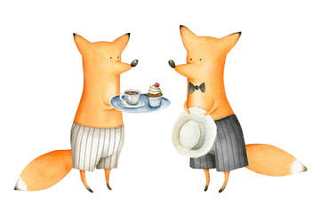 Cute and Funny Watercolor Foxes. Animals. Illustration. Greeting card. Hand drawn characters - 313947371