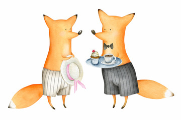 Cute and Funny Watercolor Foxes. Animals. Illustration. Greeting card. Hand drawn characters - 313947374