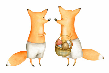 Cute and Funny Watercolor Foxes. Forest Animal. Illustration. Autumn. Greeting card. Hand drawn characters - 313947535