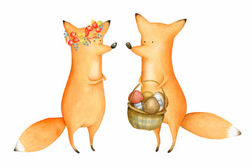 Cute and Funny Watercolor Foxes. Forest Animal. Illustration. Autumn. Greeting card. Hand drawn characters - 313947545