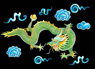 Dragon bright illustration. Dragon flying in the clouds. Illustration with black background.