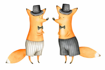 Cute and Funny Watercolor Foxes. Animals. Illustration. Greeting card. Hand drawn characters - 313947569