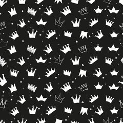 Black and white doodle hand drawn crown with stars and hearts balck background. Baby girl, baby shower, birthday party, t-shirt, textile design element. Seamless for fabric pattern.