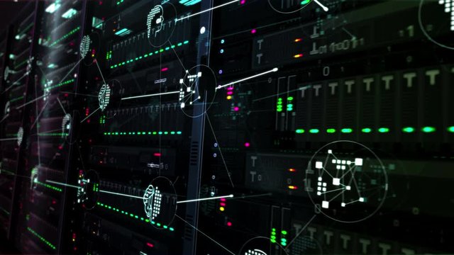 Futuristic datacenter with artificial intelligence, cybernetic brain, neural network computer, machine learning symbols. Modern servers room digital seamless loopable 3d rendering concept animation.