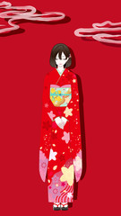 お辞儀する着物の女性 / 全身