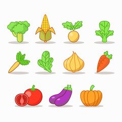 Set of vegetables clipart, colourful vegetables icons vector illustration.