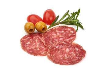 Traditional Spanish Fuet thin dried sausage, isolated on white background