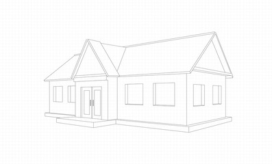 House drawing with porch and windows, 3D perspective on a white background.
