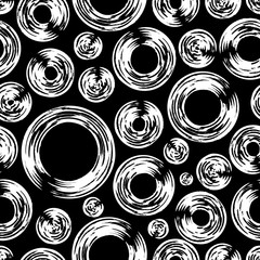 vector white multi circle grunge lines painting brush seamless pattern on black