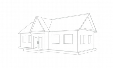 House drawing with porch and windows, 3D perspective on a white background.