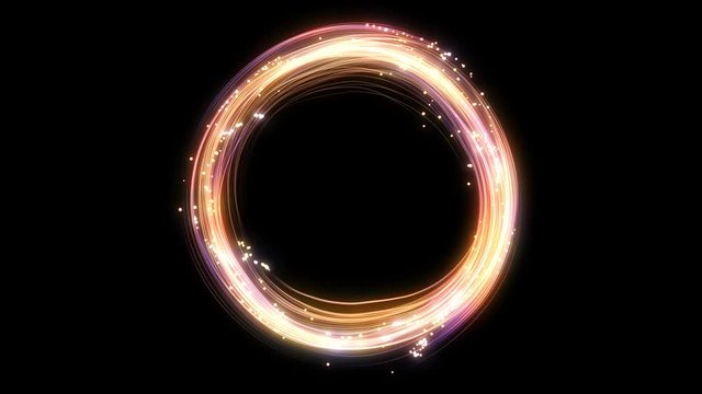 4k. Neon circle. Round frame background. Multiple lines swirls. Orange color. Glowing ring. Isolated on black. 