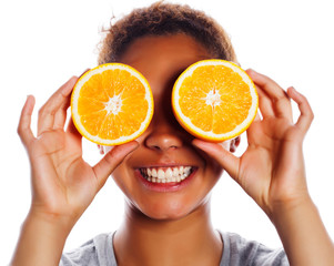young smiling afro american woman with half oranges, lifestyle people concept isolated on white background