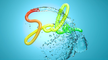 Sale lettering word made by colorful rainblow baloon or plastic stripe with fresh water splash. 3d illustration