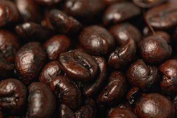 Pile of cofee beans close-up