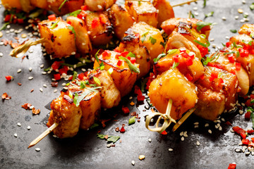 Grilled skewers with pineapple fruit and chicken meat  sprinkled with sesame seeds, chilli pepper...