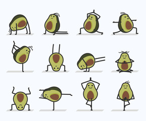 vector cartoon avocado characters doing yoga
