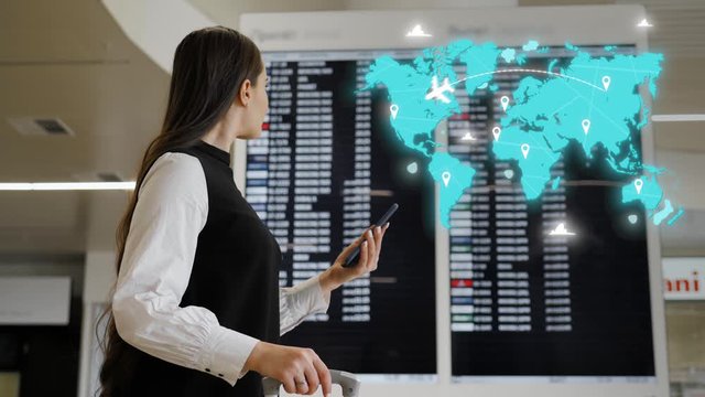 Young female passenger at the airport booking hotel animation world map travel with airplanes route, motion design Elegant businesswoman in office with luggage