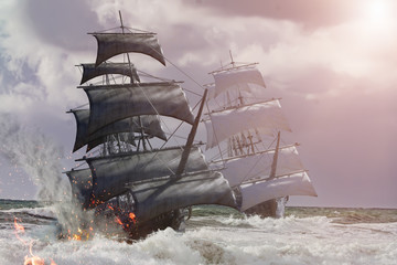 Naklejki  bitwa morska statek piracki 3d render
