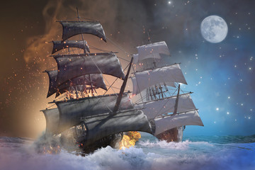 sea battle pirate ship 3d render