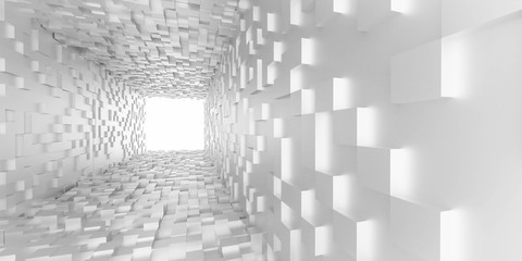 abstract white light at the end of the tunnel futuristic concept white cubes tunnel 3d render illustration