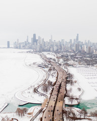 Chicago Polar Vortex aerial view of Lake Shore Drive