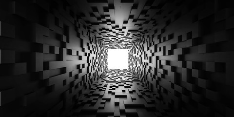 abstraktes licht am ende des tunnels futuristisches konzept dunkle würfel tunnel 3d-renderillustration © eliahinsomnia