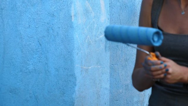 Volunteers painting outside walls of school using paint rollers during a charity event held in Ziway, Ethiopia.