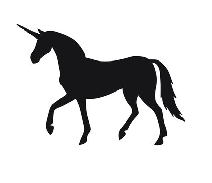 Vector black walking unicorn silhouette isolated on white background