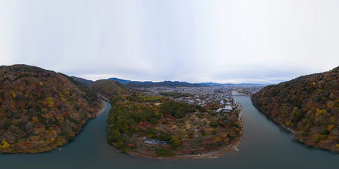 Kyoto and Katsura river aerial 360 VR view