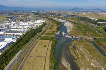Yasugawa running through Moriyama City, Shiga, Japan. Aerial View