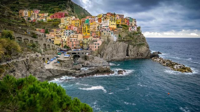 The seaside village of Manarola sits on the famous cliffs of Cinque Terre in La Spezia, Italy