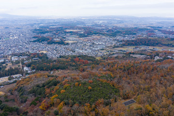 Nara mountains in Autumn and wide view of city neighborhoods