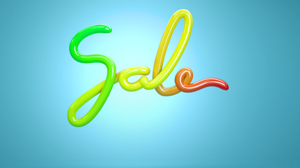 The word SALE off. Made of colorful plastic spiral wire on blue background. Sale and advertising conceptual 3d illustration