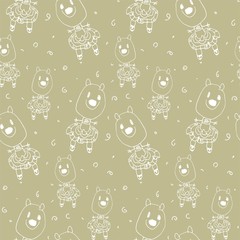 Baby seamless pattern with doodle outline of animals in clothes drawn by hand. Monochrome childish drawing for t-shirt print, textile, kid product, textile, baby bedding, diapers, package.