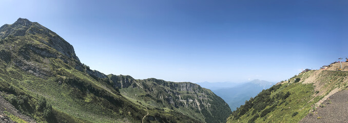 Beautiful summer panorama in Caucasus mountains. Roza Khutor, Russia