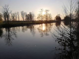 Fototapeta na wymiar idyllische romantische Landschaft mit Baeumen und Fluss am Abend bei Sonnenuntergang