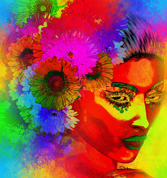 Flowers create a unique floral hairstyle in a digital art image of a woman's face. 3D render, not a real person so no model releases necessary.