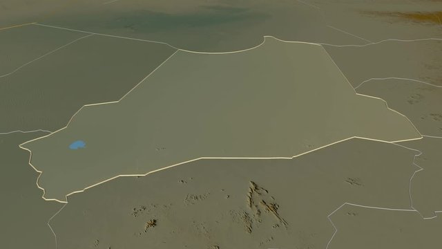 Batha, region with its capital, zoomed and extruded on the relief map of Chad in the conformal Stereographic projection. Animation 3D