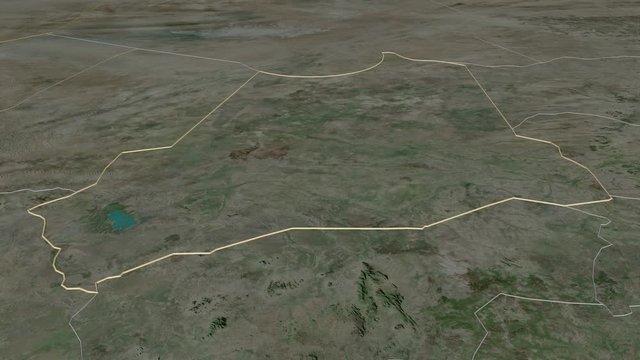 Batha, region with its capital, zoomed and extruded on the satellite map of Chad in the conformal Stereographic projection. Animation 3D