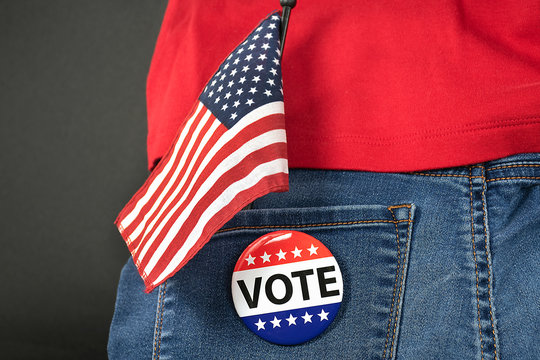 Election Vote Pin On Blue Jean Pocket With American Flag And Red Shirt