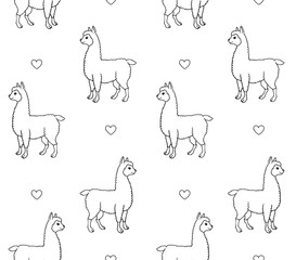 Vector seamless pattern of hand drawn doodle sketch llama alpaca and hearts isolated on white background