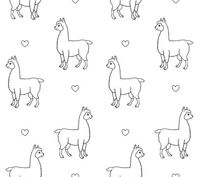 Vector seamless pattern of hand drawn doodle sketch llama alpaca and hearts isolated on white background