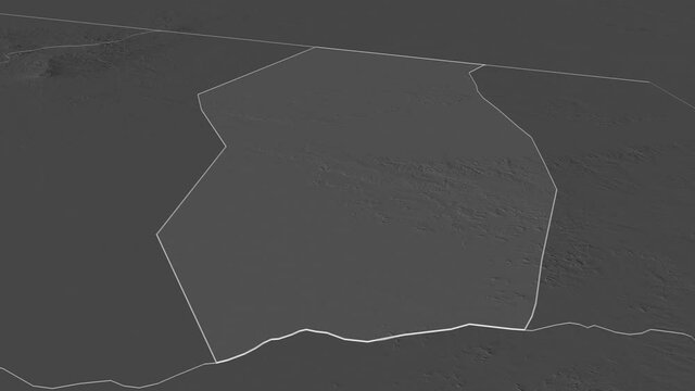 Ennedi Ouest, region with its capital, zoomed and extruded on the bilevel map of Chad in the conformal Stereographic projection. Animation 3D