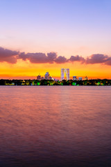 Fototapeta premium Beautiful suzhou city skyline and architecture with lake at sunset,China.