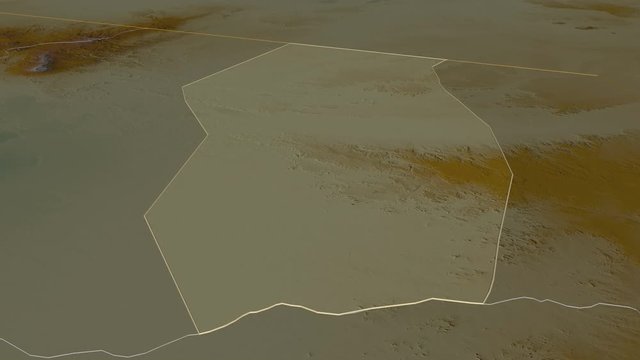 Ennedi Ouest, region with its capital, zoomed and extruded on the relief map of Chad in the conformal Stereographic projection. Animation 3D