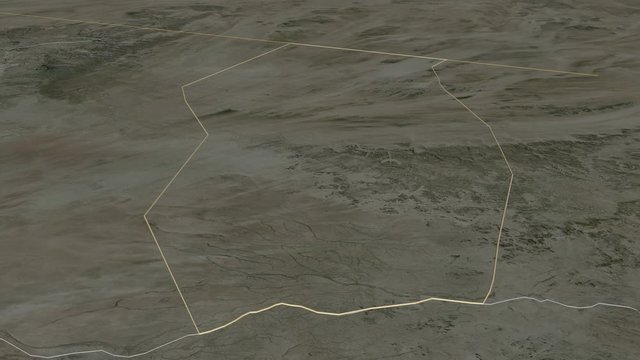 Ennedi Ouest, region with its capital, zoomed and extruded on the satellite map of Chad in the conformal Stereographic projection. Animation 3D