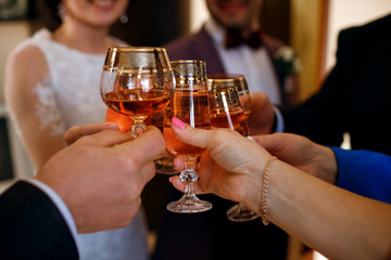 clinking of glasses at a party, whiskey, cognac and champagne, fun of a big company