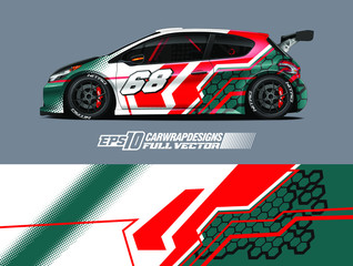 Rally car graphic livery design vector. Graphic abstract stripe racing background designs for wrap cargo van, race car, pickup truck, adventure vehicle. Eps 10