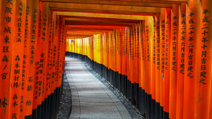 Fototapeta premium KYOTO, JAPAN - APRIL, 16, 2018: red torii gates at fushimi inari shrine