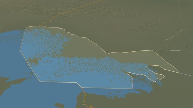 Lac, region with its capital, zoomed and extruded on the relief map of Chad in the conformal Stereographic projection. Animation 3D